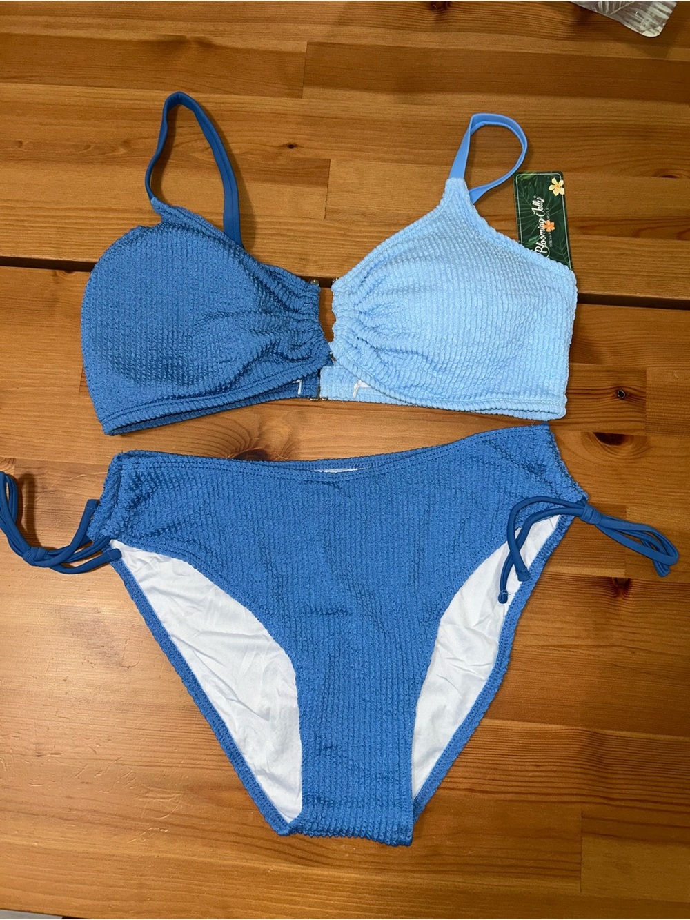 Blue Two-Tone Textured Bikini Set - Women Swim Bikinis